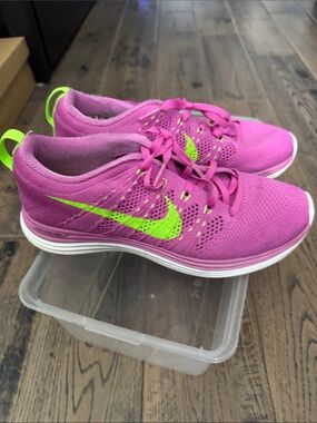 Nike Women's Pink and Neon Green Flyknit Running Sneakers size 7.5
